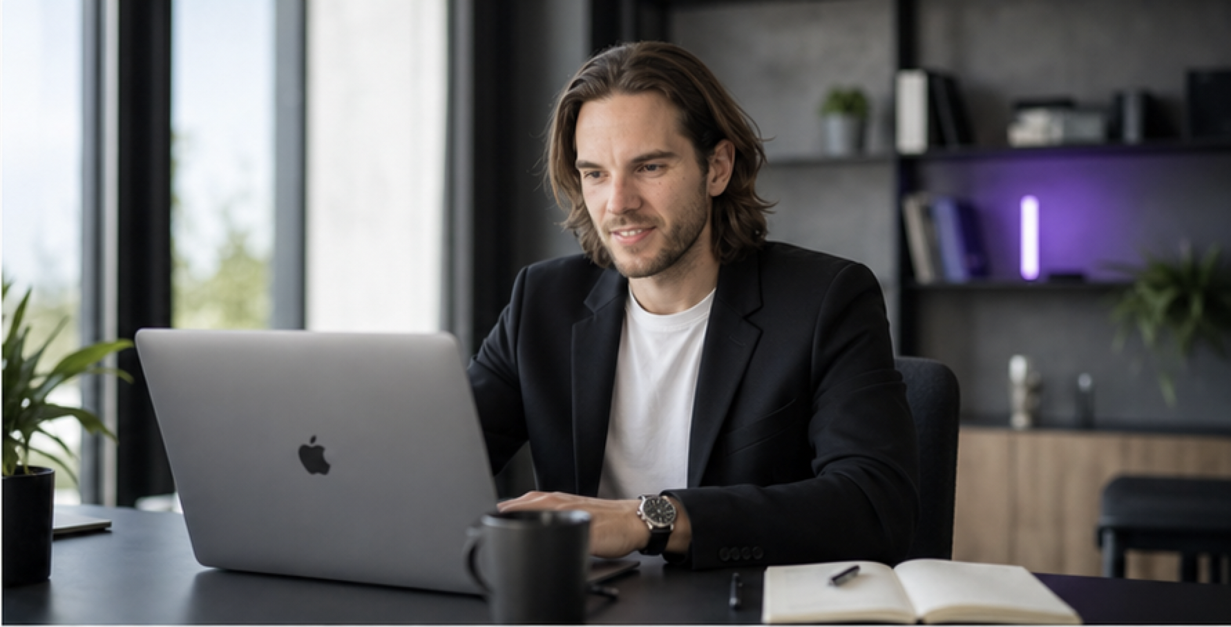 Aurélien Dupont travaillant sur un MacBook Pro dans son espace de travail