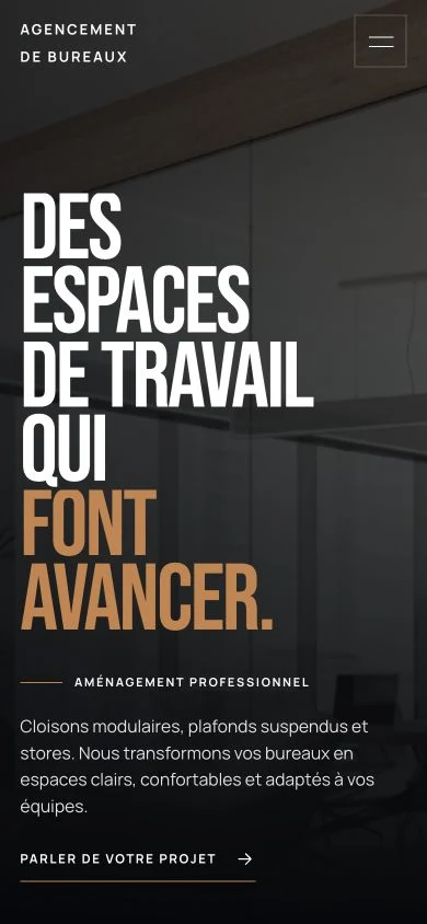 Aperçu anonymisé d’un site d’aménagement de bureaux sur mobile